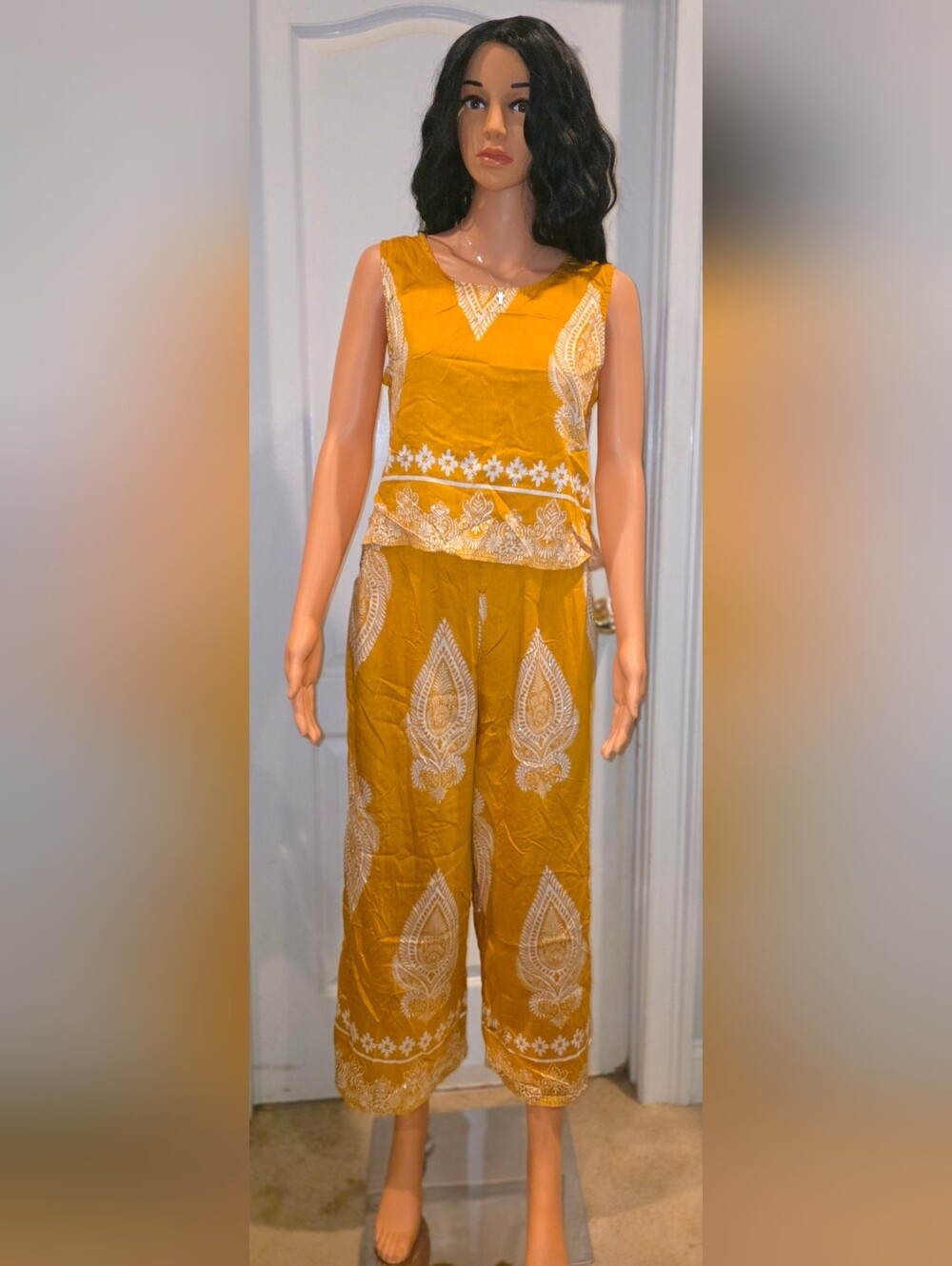 Woven Mustard Yellow Printed Wide-Leg 2 Piece Set